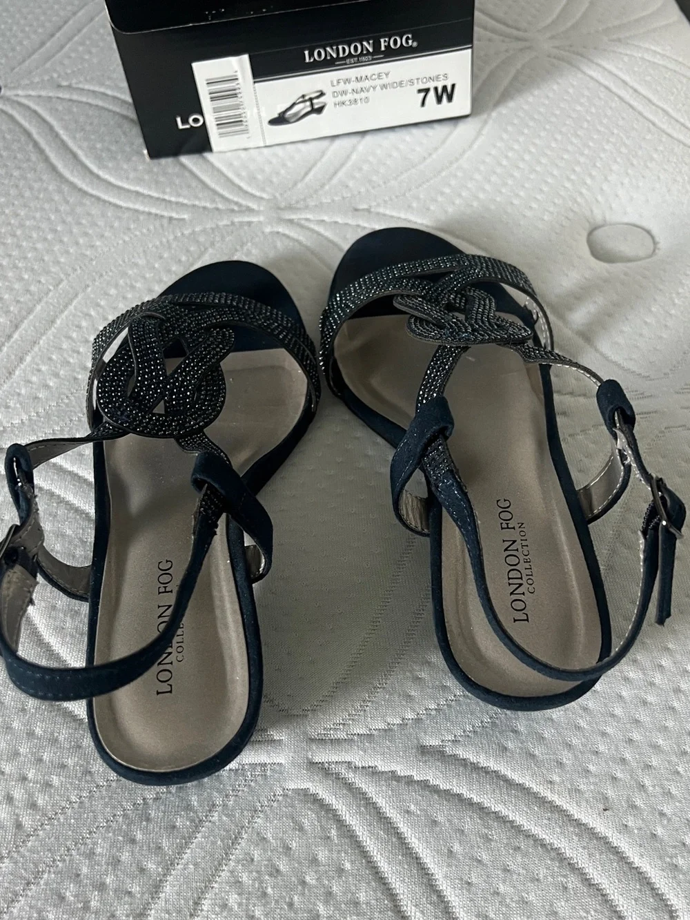 LONDON FOG Womens Macey Demi-Wedge Dress Sandals Women's Navy Rhinestone 7 Wide